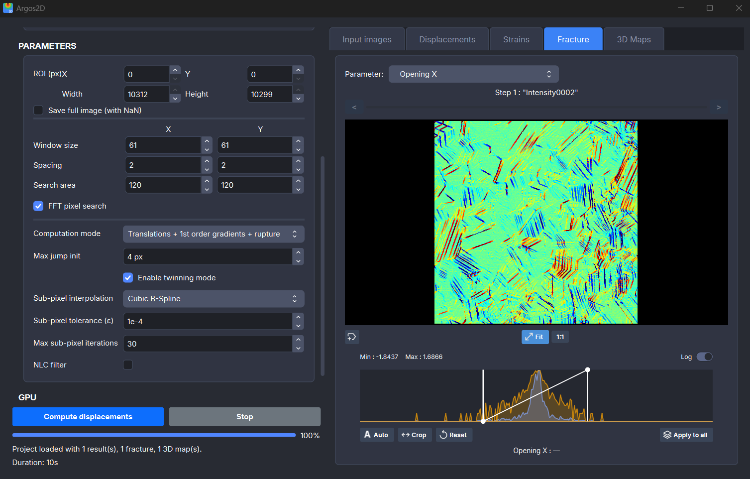 Argos2D interface — displacement field with Heaviside enrichment