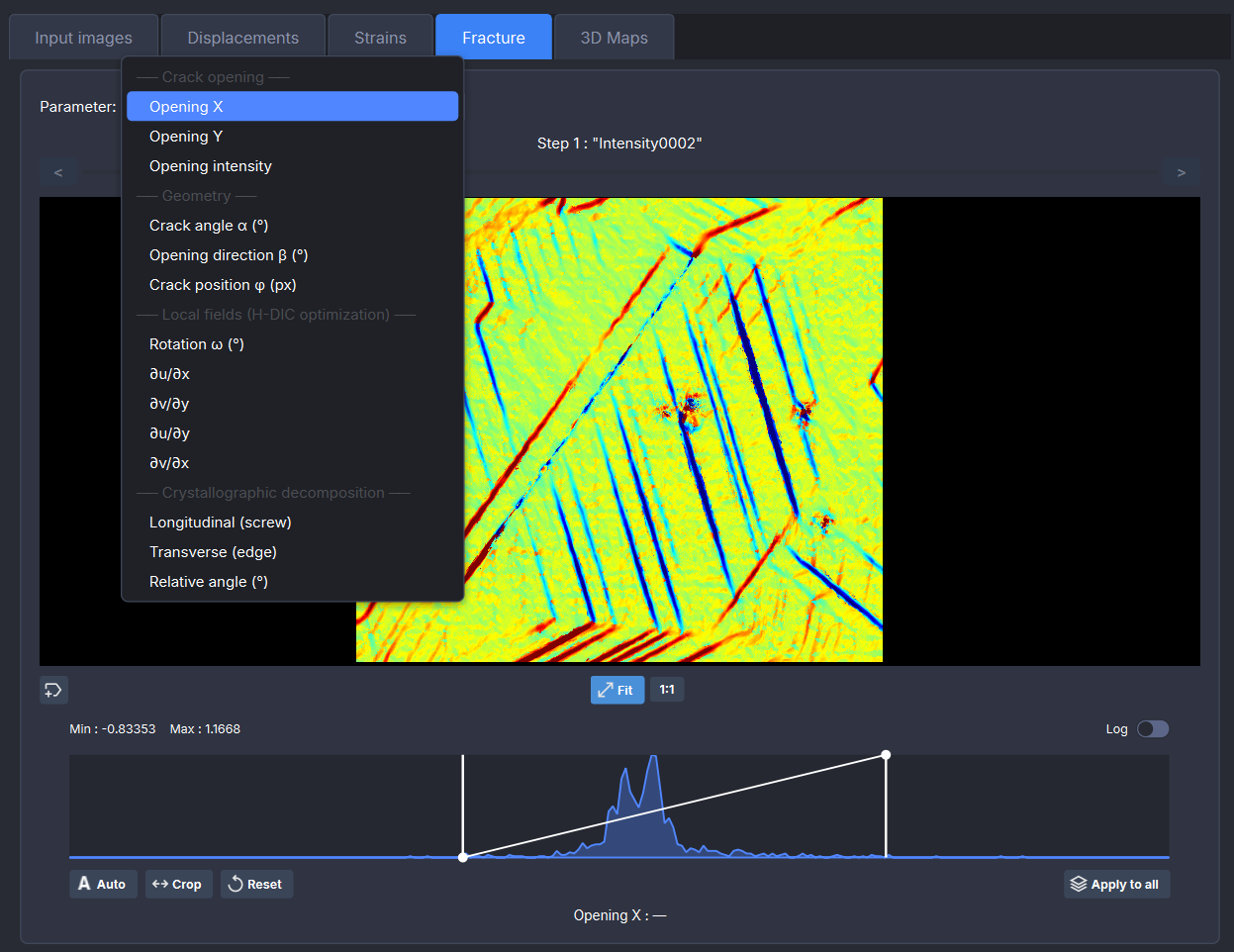 Argos2D — Fracture tab showing crack opening fields